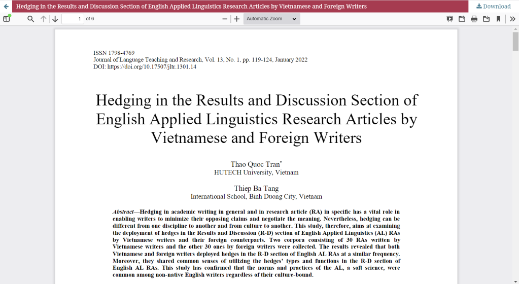 Critical Review: “Hedging in the Results and Discussion Section of English Applied Linguistics Research Articles by Vietnamese and Foreign Writers” (Tran & Tang, 2022)